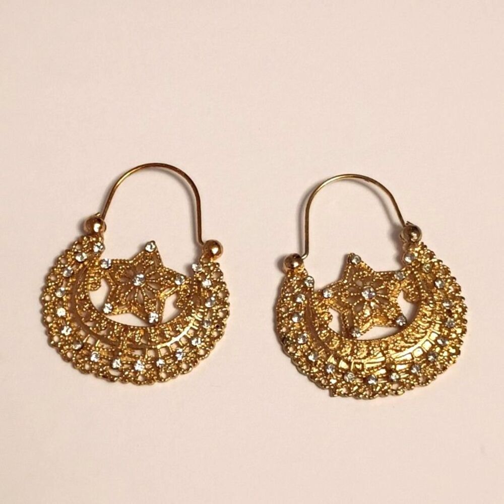 Hoop Earrings, Crescent and Star design, Embellished with small White Crystals